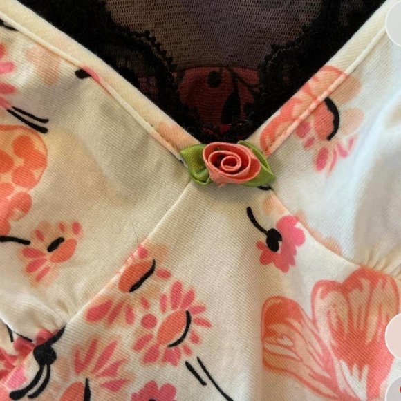 Vintage Betsey Johnson Intimates Cotton Floral White Mini Dress Black Ruffles - Picture 4 of 4